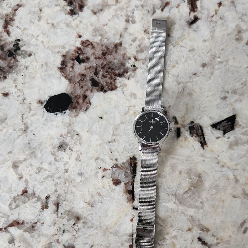 Silver Mesh Watch with Black Dial